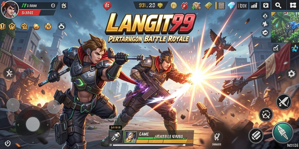 Tampilan utama LANGIT99 menampilkan aksi seru dalam permainan Battle Royale.