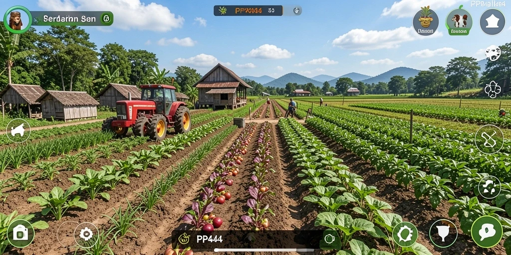 Tampilan gameplay PP444 dengan aktivitas bertani yang seru.